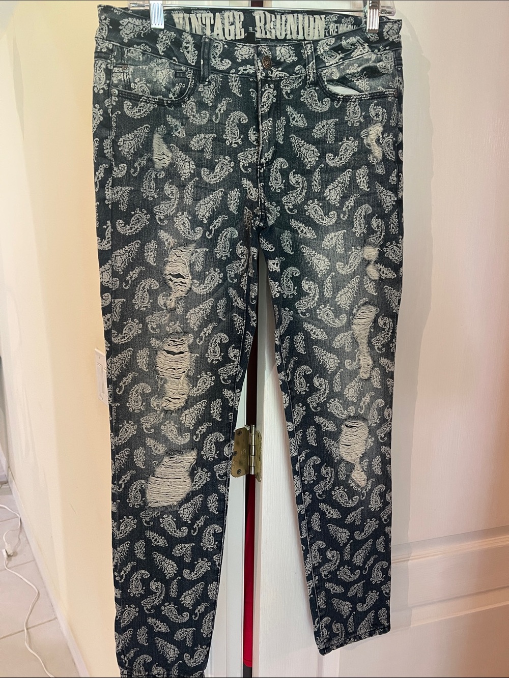 Vintage Reunion Ladies Blue Paisley Distressed Jeans